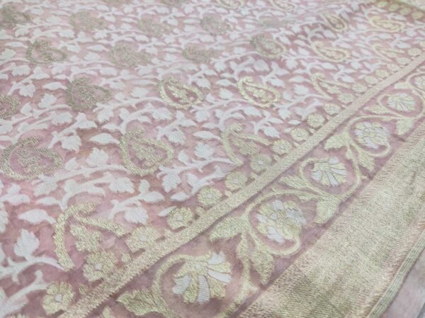 Baby Pink Jamdani Pure Kora Silk Banarsi Saree