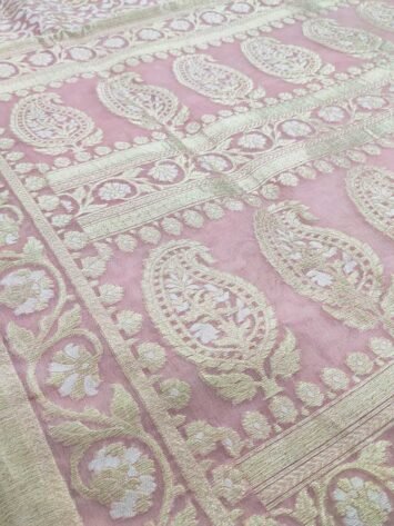 Baby Pink Jamdani Pure Kora Silk Banarsi Saree