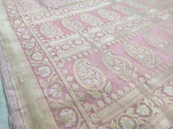 Baby Pink Jamdani Pure Kora Silk Banarsi Saree