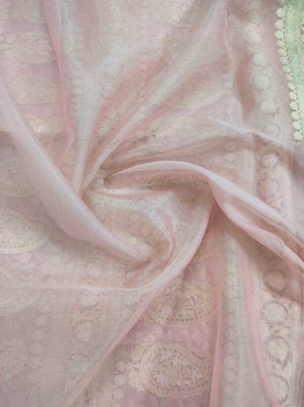 Baby Pink Jamdani Pure Kora Silk Banarsi Saree